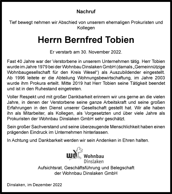 Traueranzeige von Bernfred Tobien von Tageszeitung