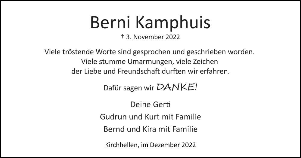  Traueranzeige für Berni Kamphuis vom 31.12.2022 aus Tageszeitung