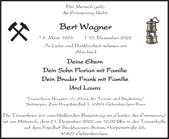Traueranzeige von Bert Wagner von Tageszeitung