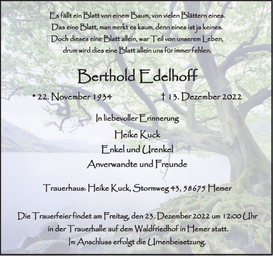 Traueranzeige von Berthold Edelhoff von Tageszeitung