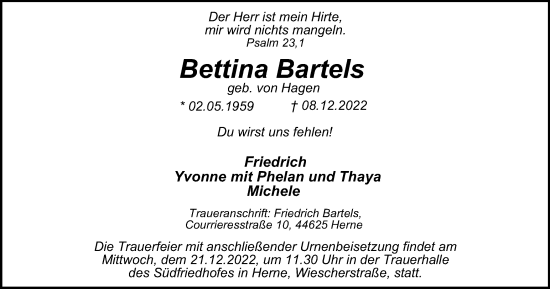 Traueranzeige von Bettina Bartels von Tageszeitung