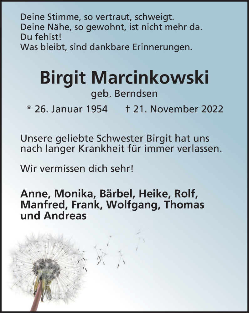  Traueranzeige für Birgit Marcinkowski vom 03.12.2022 aus WVW Anzeigenblätter