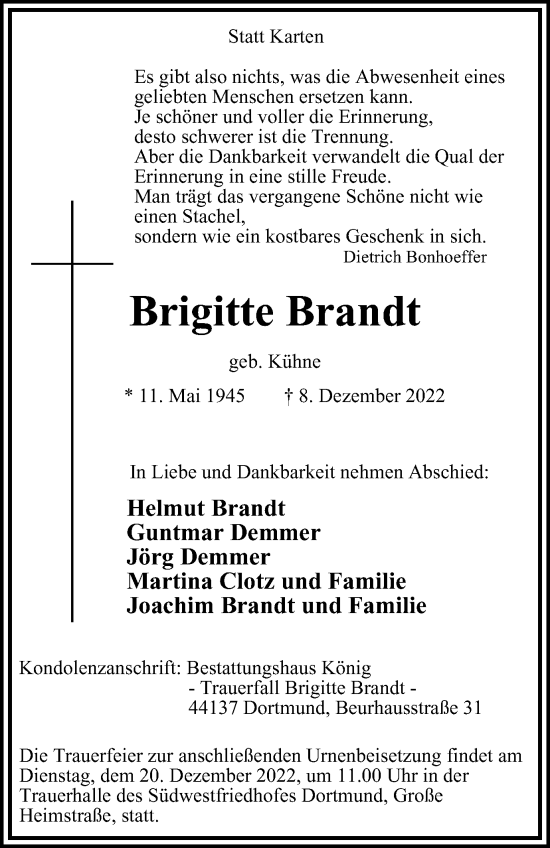 Traueranzeige von Brigitte Brandt von Tageszeitung