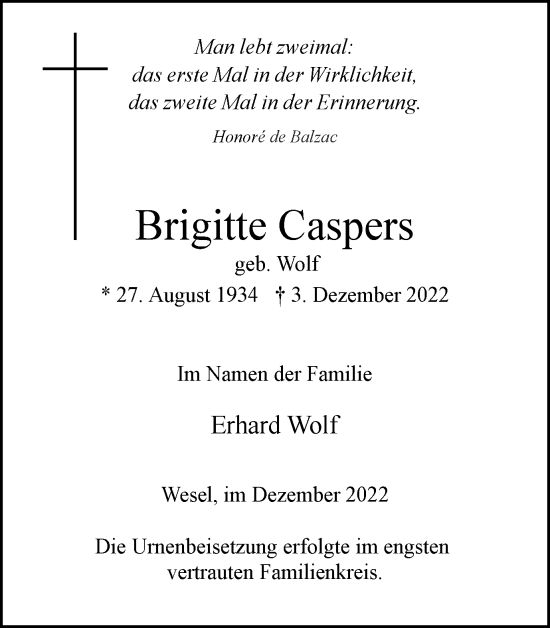 Traueranzeige von Brigitte Caspers von WVW Anzeigenblätter