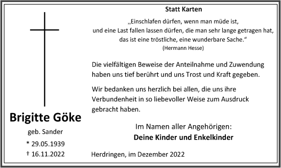 Traueranzeige von Brigitte Göke von Tageszeitung