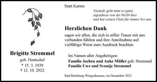 Traueranzeige von Brigitte Stremmel von Tageszeitung