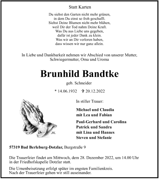 Traueranzeige von Brunhild Bandtke von Tageszeitung