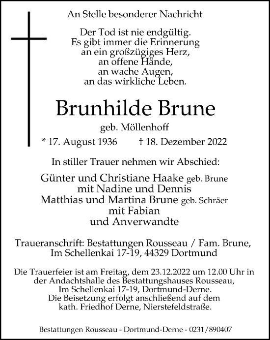 Traueranzeige von Brunhilde Brune von Tageszeitung