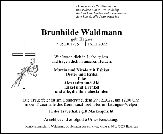 Traueranzeige von Brunhilde Waldmann von WVW Anzeigenblätter