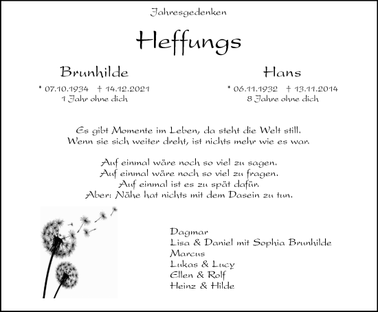 Traueranzeige von Brunhilde und Hans Heffungs von Tageszeitung