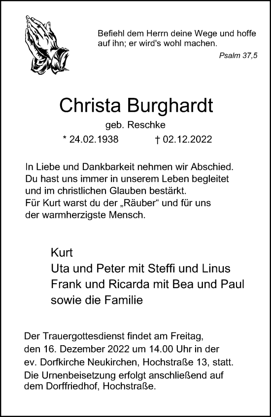 Traueranzeige von Christa Burghardt von Tageszeitung