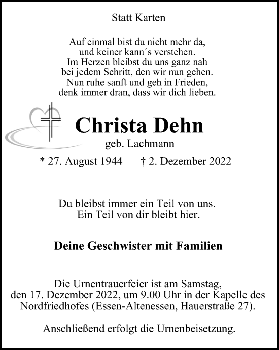 Traueranzeige von Christa Dehn von WVW Anzeigenblätter
