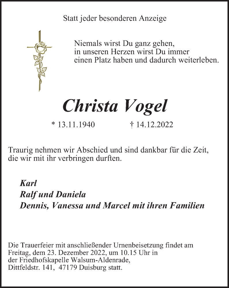  Traueranzeige für Christa Vogel vom 17.12.2022 aus Tageszeitung