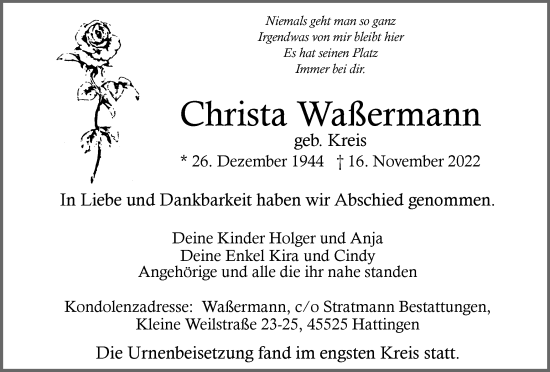 Traueranzeige von Christa Waßermann von WVW Anzeigenblätter
