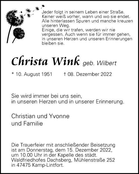 Traueranzeige von Christa Wink von Tageszeitung