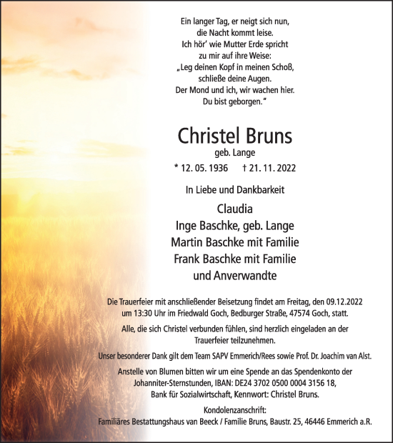 Traueranzeige von Christel Bruns von Tageszeitung