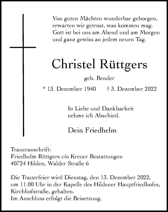 Traueranzeige von Christel Rüttgers von WVW Anzeigenblätter