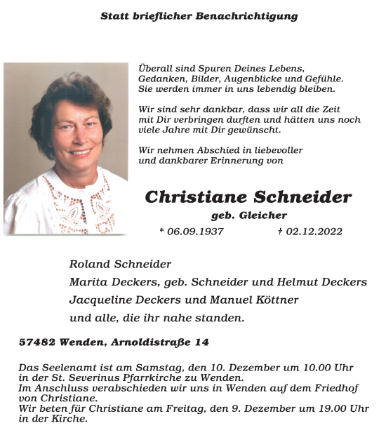 Traueranzeige von Christiane Schneider von Tageszeitung