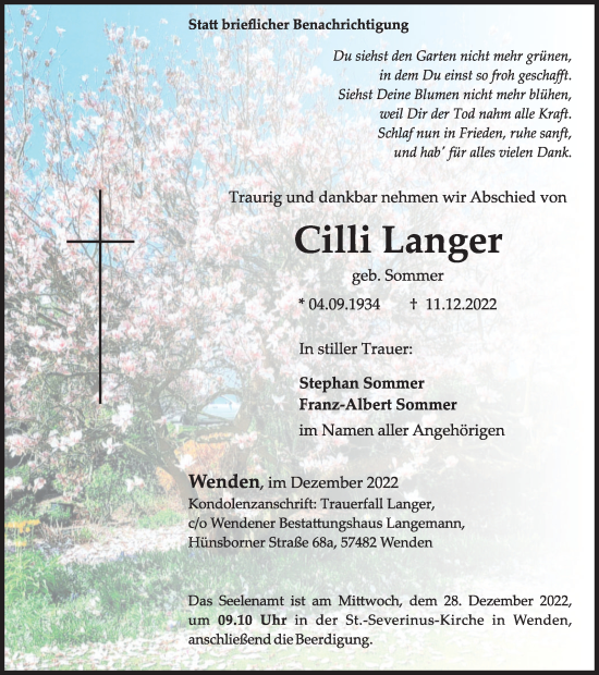 Traueranzeige von Cilli Langer von Tageszeitung