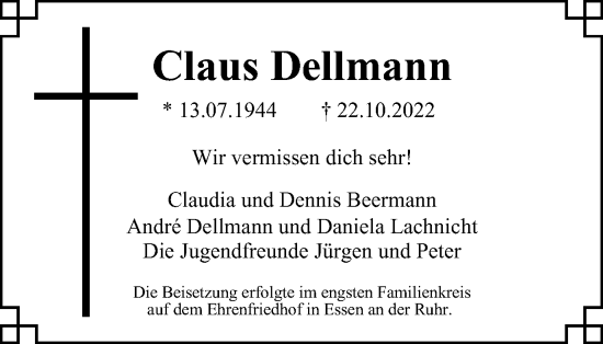 Traueranzeige von Claus Dellmann von Tageszeitung