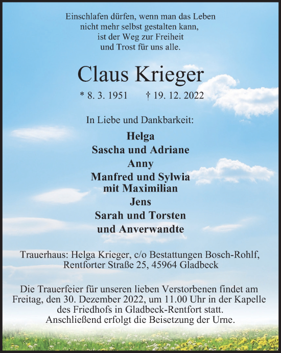 Traueranzeige von Claus Krieger von WVW Anzeigenblätter