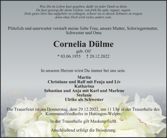 Traueranzeige von Cornelia Dülme von Tageszeitung