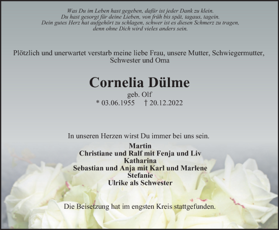 Traueranzeige von Cornelia Dülme von WVW Anzeigenblätter