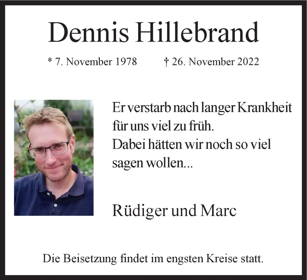 Traueranzeige für Dennis Hillebrand vom 17.12.2022 aus Tageszeitung