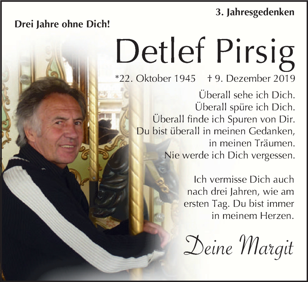  Traueranzeige für Detlef Pirsig vom 09.12.2022 aus Tageszeitung