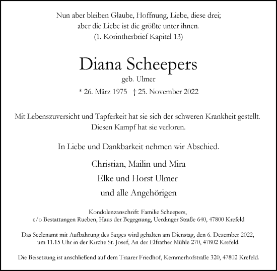 Traueranzeige von Diana Scheepers von Tageszeitung