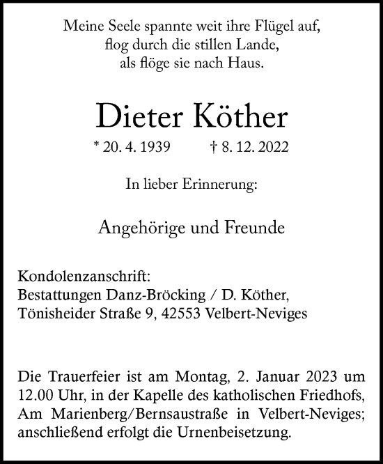 Traueranzeige von Dieter Köther von WVW Anzeigenblätter