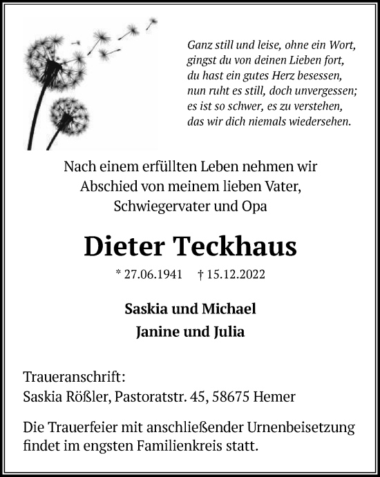 Traueranzeige von Dieter Teckhaus von WVW Anzeigenblätter