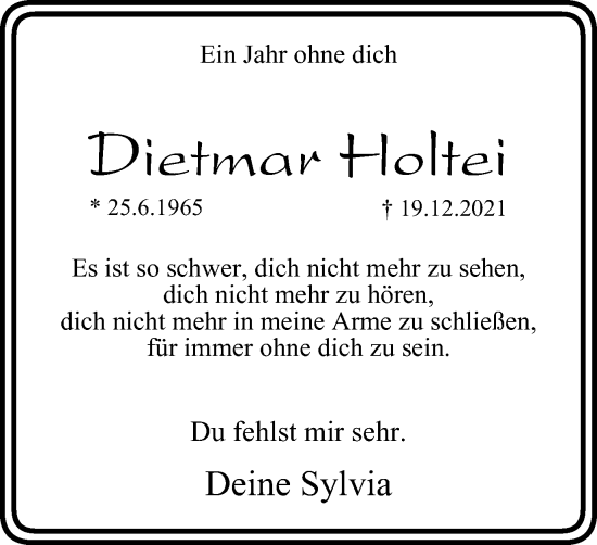 Traueranzeige von Dietmar Holtei von WVW Anzeigenblätter