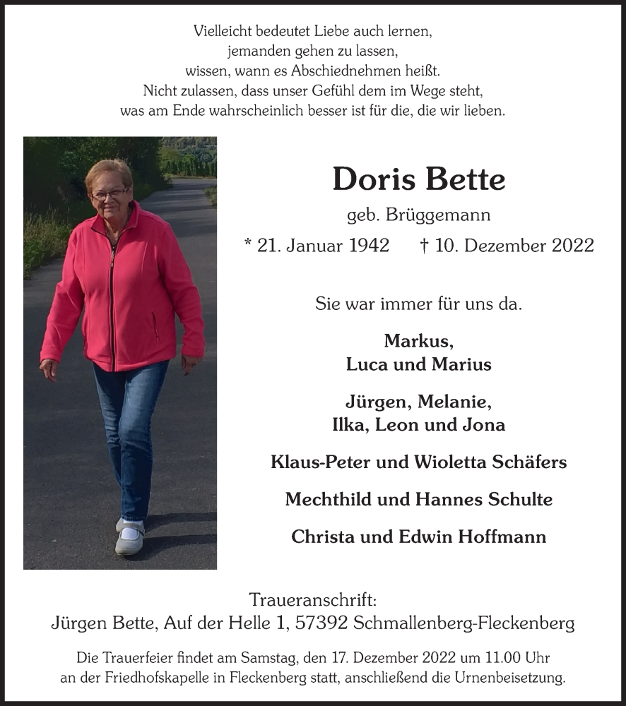  Traueranzeige für Doris Bette vom 13.12.2022 aus Tageszeitung