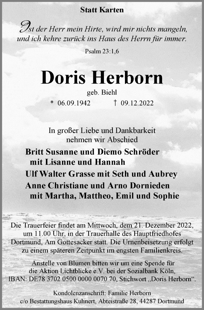  Traueranzeige für Doris Herborn vom 17.12.2022 aus Tageszeitung