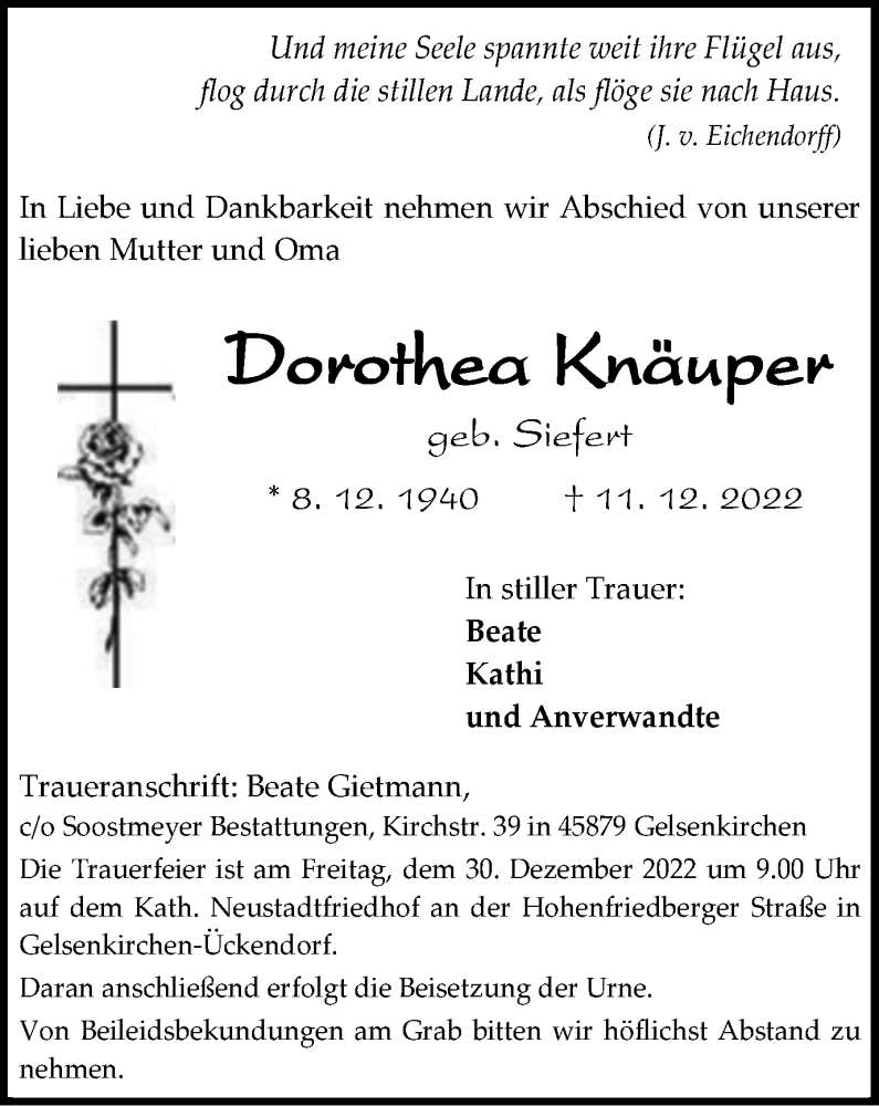  Traueranzeige für Dorothea Knäuper vom 24.12.2022 aus Tageszeitung