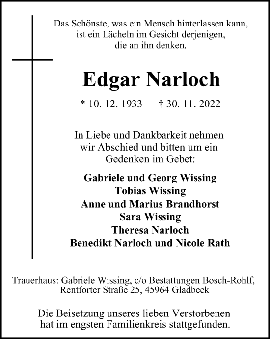 Traueranzeige von Edgar Narloch von WVW Anzeigenblätter