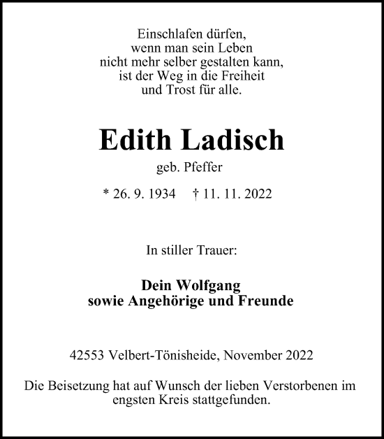 Traueranzeige von Edith Ladisch von WVW Anzeigenblätter