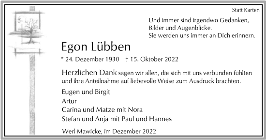 Traueranzeige von Egon Lübben von Tageszeitung