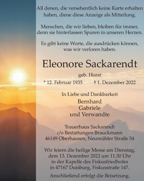 Traueranzeige von Eleonore Sackarendt von WVW Anzeigenblätter