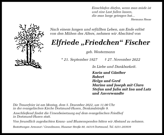 Traueranzeige von Elfriede  Fischer von Tageszeitung