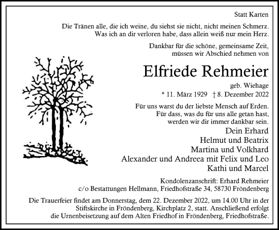 Traueranzeige von Elfriede Rehmeier von WVW Anzeigenblätter