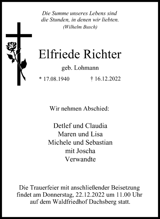 Traueranzeige von Elfriede Richter von Tageszeitung