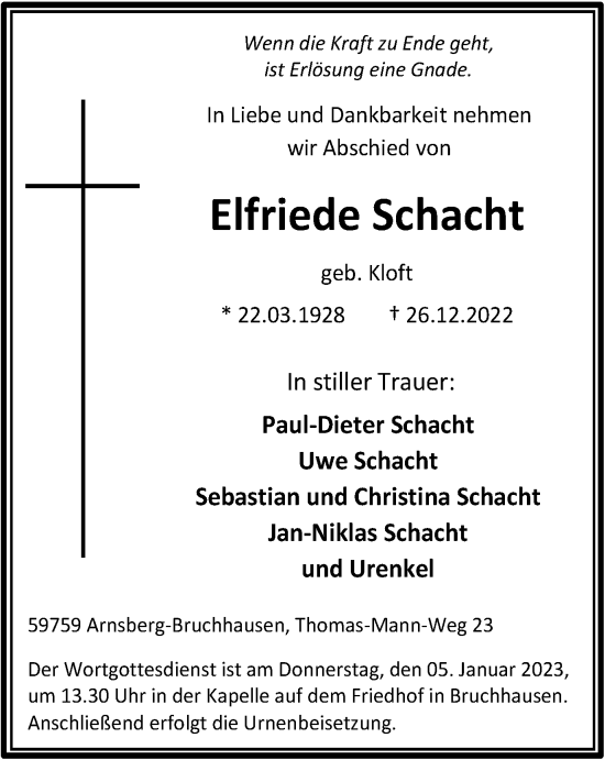 Traueranzeige von Elfriede Schacht von Tageszeitung