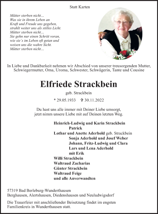 Traueranzeige von Elfriede Strackbein von Tageszeitung