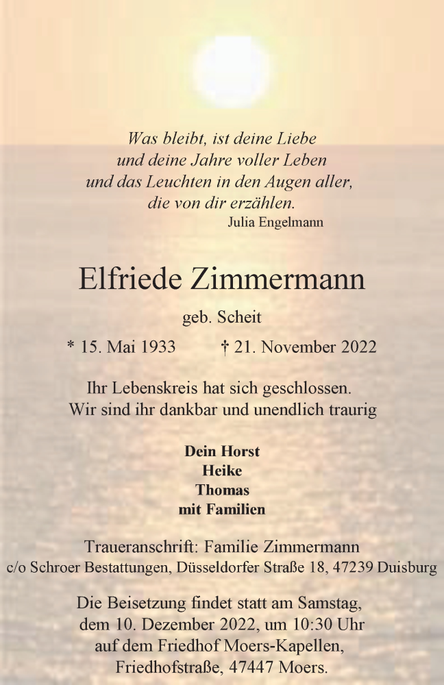  Traueranzeige für Elfriede Zimmermann vom 03.12.2022 aus Tageszeitung