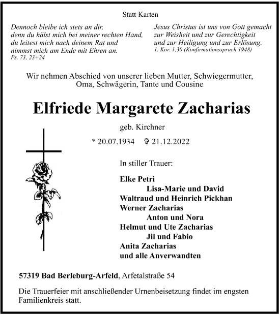Traueranzeige von Elfriede Margarete Zacharias von Tageszeitung