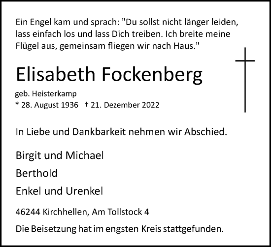 Traueranzeige von Elisabeth Fockenberg von WVW Anzeigenblätter