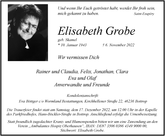Traueranzeigen von Elisabeth Grobe | Trauer-in-NRW.de