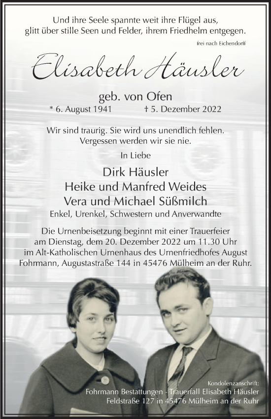 Traueranzeige von Elisabeth Häusler von WVW Anzeigenblätter